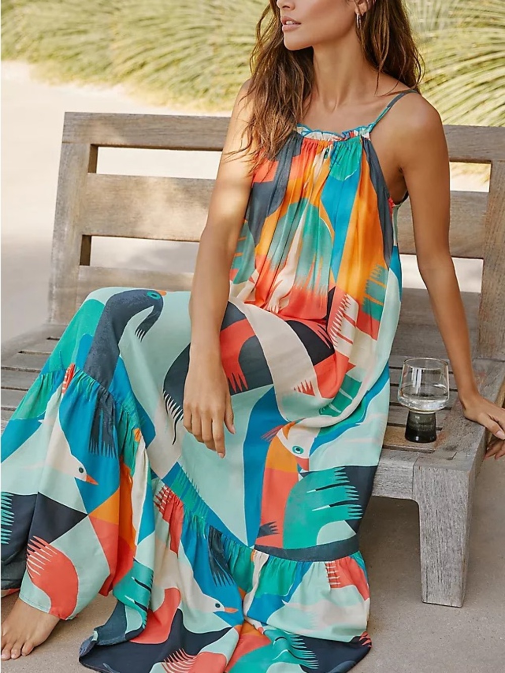 Anthropologie Multicolor Tropical Bird Print Maxi Swim Coverup